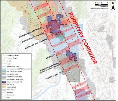 Figure 1. Toodoggone Porphyry Corridor highlighting northeast-southwest extensional trends that host significant porphyry and epithermal deposits, resources and targets within the region. (CNW Group/Finlay Minerals Ltd.)