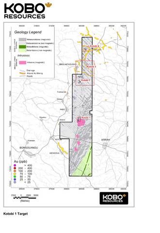 Figure 1: Current Soil Geochemical Sampling Coverage with Geophysical Interpretation – Kotobi Project
